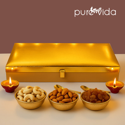 Purevida Luxury Golden Dry Fruit Gift Box |Festive & Corporate Gifting Almonds, Cashews, Raisins(1 x 375 g)