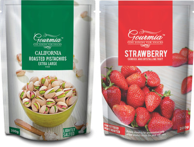 Gourmia Roasted Pistachios Extra Large Lightly Salted + Dried Strawberry Each 200g) Pistachios, Strawberries(2 x 200 g)