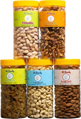 41 Foods Dry Fruits Combo Pack Of Healthy 5 Kaju Pista Badam Akhrot Kishmish 750 GM Almonds, Pistachios, Cashews, Raisins, Walnuts  (5 X 150 G) For Rs. 591 @ 66 %