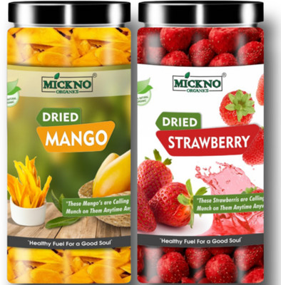 mickno organics Whole Dried Strawberries & Dehydrated Mango Slice Dry Fruit, Healthy & Tasty Mango, Strawberries(2 x 200 g)