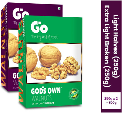 GOS GODS OWN Go Organic Walnut Dry Fruit Combo Pack of Light Halves and Extra Light Broken, Walnuts(2 x 250 g)