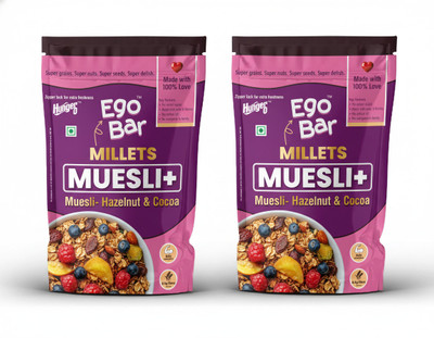 hunger0 Ego Bar Millets Muesli+ Muesli- Hazelnut & Cocoa | Twin Pack Hazelnuts, Cranberries, Figs, Almonds, Raisins(2 x 300 g)