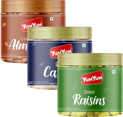 YUM YUM Dry fruits combo pack of Cashews Almonds Raisins | Kismis Kaju Badam 600GM - Almonds, Cashews, Raisins(3 x 200 g)