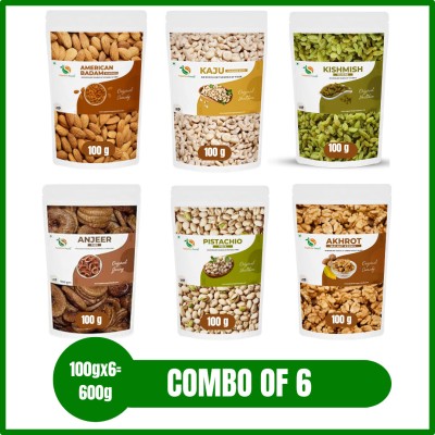 Sapphire Foods Premium DryFruits Healthy Combo American Badam Kaju Kishmish Anjeer Pista Akhrot Almonds, Cashews, Raisins, Figs, Pistachios, Walnuts(6 x 100 g)