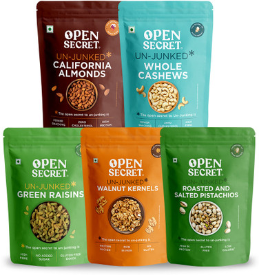 OPEN SECRET Badam Almonds Cashews Kishmish Raisins Akhrot Walnuts Pistachios Dry Fruit Combo Assorted Nuts  (5 X 200 G) For Rs. 916 @ 51 %