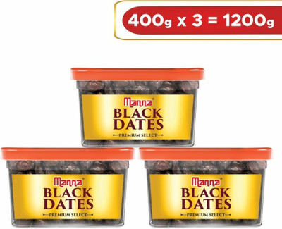 Manna Black Dates - 1.2kg (400g x 3 Packs) | Select Premium Organic Handpicked Dates | Khajoor | Khajur | Soft Dried Healthy Snack | Soft & Juicy texture | Zero Added Sugar & Preservatives | Rich in Iron, Fibre & Vitamins Dry Dates Dry Dates(3 x 400 g)