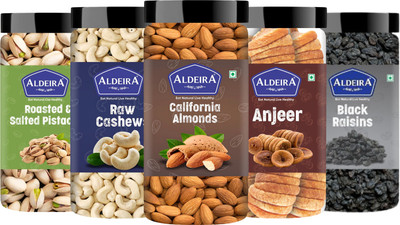 Aldeira Dry Fruits Combo Pack of 5 Badam, Kaju, Anjeer, Kishmish, Pista 250g Each - Almonds, Cashews, Figs, Raisins, Pistachios(5 x 250 g)