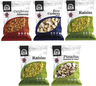 WONDERLAND FOODS Dryfruits Combo Pack of 5 (500g) Raw Almonds, Cashews, R/S Pista (100gEach) and Raisins(2X100g)(5 x 100 g)