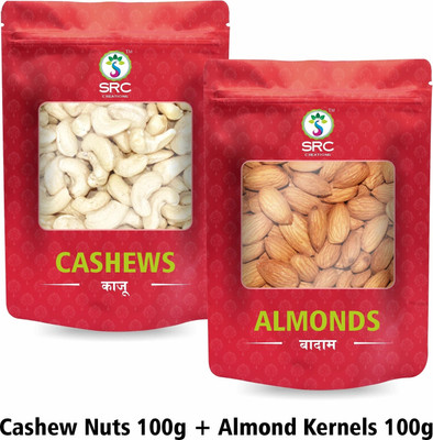SRC Creations Whole Cashews & Almond kernels | Whole Crunchy Kaju & Badam kernels | Dry Fruits Almonds, Cashews(2 x 100 g)