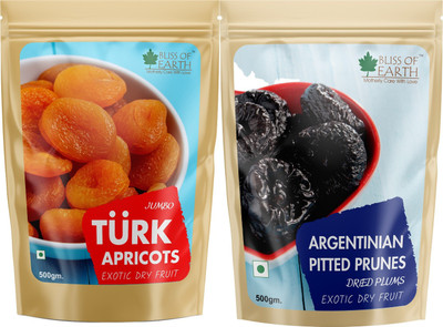 Bliss of Earth 500gm Argentinian Pitted Prunes Dried Plums +Jumbo Turkish Apricots 500gm Exotic Dry Fruit Prunes, Apricots(2 x 0.5 kg)