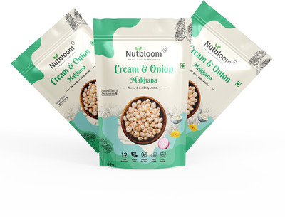 NUTBLOOM Cream & Onion Makhana Roasted with Spicy Crunchy, Healthy & Guilt-Free Snack Fox Nut(3 x 60 g)