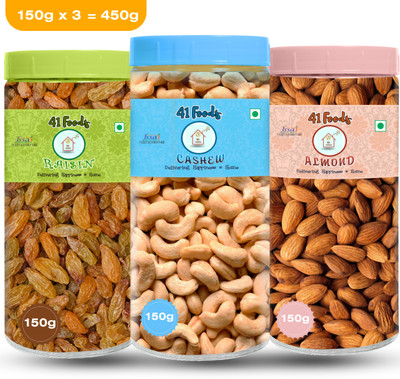 41 foods Dry fruits combo pack of | kaju badam kishmish 450 GM Cashews, Almonds, Raisins(3 x 150 g)