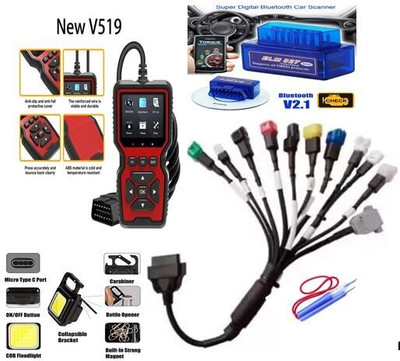 Xsentuals V519 OBD SCANNER For 3 Wheeler & Car + ALL BS6 BIKE OBD CABLE + ELM 327 Combo OBD Reader