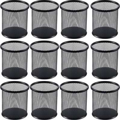 Novesto 12 Compartments Metal-Mesh, One for Every Desk–12 Round Pen Holders for Study Tables, Office Desks & Home(Black)