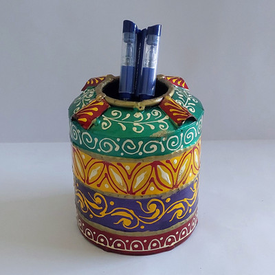 One Four Seven Water Tank / Drum Shape Pen Stand Hand Painted Over Powder Coated Iron  Office Set(Brown)