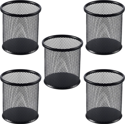 VeleSolv 5 Compartments Metal-Mesh, Round Pen Stand Set of 5 – Office Desk & Table Organizer Holder(Black)