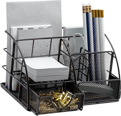 VeleSolv 6 Compartments Metal-Mesh, Office Supplies Organizer-Pen Stand, File Holder & Stationery Rack for Daily Use(Black)