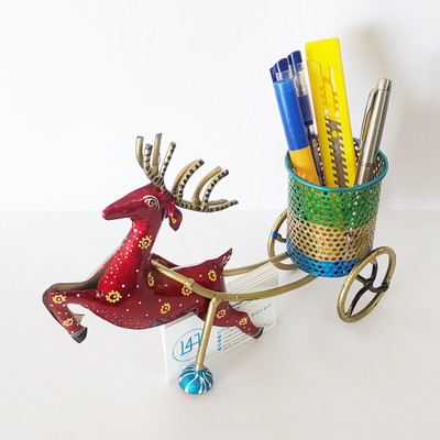 One Four Seven 1 Compartments Metal Reindeer Pen Stand Hand Painted Over Powder Coated Iron(Multicolor)