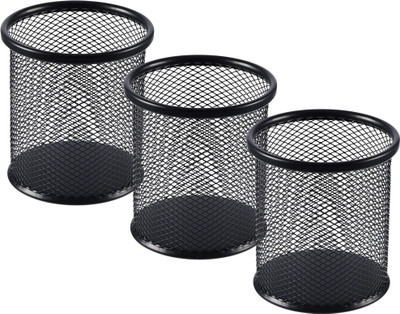 VeleSolv 3 Compartments Metal-Mesh, Round Pen Stand Set of 3 – Desk Organizer for Office & Table Use(Black)