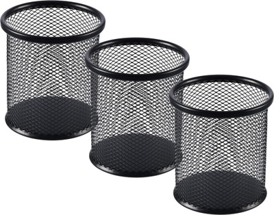 Goodwill Tech 3 Compartments Metal Pen Pencil Holder Set of 3 – Round Black Mesh Metal Organizer for Desk(Black)