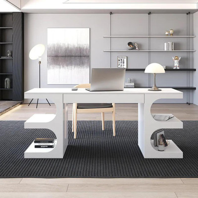 NG Decor White Wooden Writing Desk Modern Office Desk with 1 Drawer & 4 Open Shelves Engineered Wood Office Table(Free Standing, Finish Color - White, DIY(Do-It-Yourself))