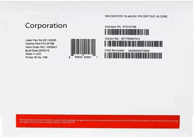 MICROSOFT Windows Server 2019 Standard DVD Pack 16 Core ( 1 User, Lifetime ) 2019 64 Bit