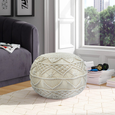 Macrame World Fabric Pouf(Finish Color - Natural, Ivory, Pre Assembled)