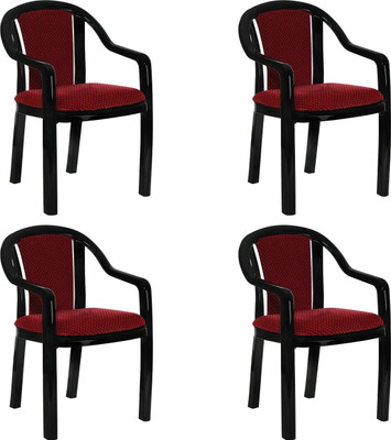 Supreme Ornate Plastic Chair With Cushioned Seat & Backrest|Sturdy Armchair For Balcony| Plastic Outdoor Chair(Black & Red, Set of 4, Pre-assembled)