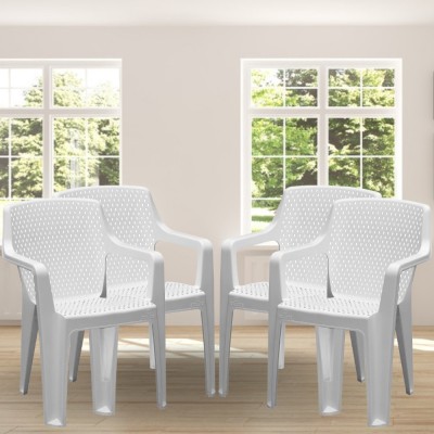 ITALICA Plastic Arm Chair for Home/Glossy Finish Chair for Dining Room, Bedroom/ Plastic Outdoor Chair(White, Set of 4, Pre-assembled)