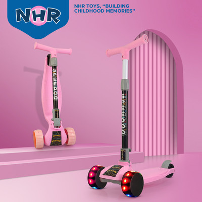 NHR Scooter 3 Level Height Adjust & Foldable with LED Rotary Light Up Wheels(Pink)