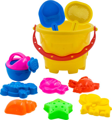 WISHKEY Sand Game Castle Building Beach Toy 10 Pcs Playset with Molds, Tools, & Bucket(Multicolor)
