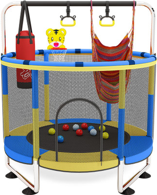 StarAndDaisy 4 in 1 Kids Trampoline with Safety Net, Pull Up Handle, Boxing Bag & Swing(Blue, Yellow)