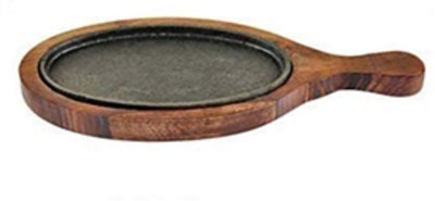 Rame 9 Inch Oval Sizzler Plate with Wooden Base and Handle - Brown Wooden Microwave Turntable Plate
