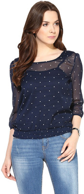 HARPA Casual 3/4 Sleeve Polka Print Women Dark Blue Top