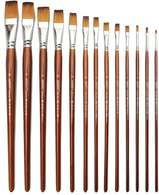 CHROME Long Handle Synthetic Flat Tip Artist Paint Brushes(Set of 13, Brown)