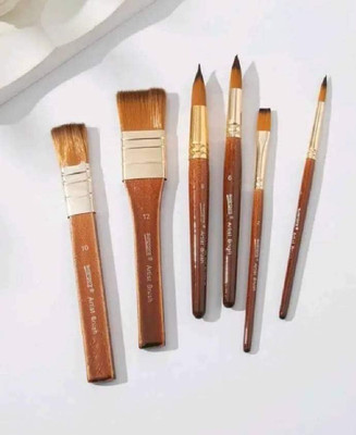 KRYTONE 6Pcs Synthetic Nylon Paint Brush with Wooden Handle 3Pcs Flat & 3Pcs Round(Brown)