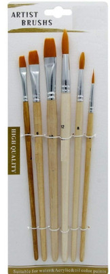 KRAFTMASTERS Wooden Handle Synthetic Hair Round and Flat Oil Paint Brush Set(Set of 6, Brown)