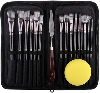 Qunex care Set for Painting Brush, Artist Painting set of 15 with 1 Palette and 1 Sponge(Set of 15, Black)