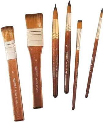 BM RETAIL 6Pcs Paint Brushes Include 3Pcs Flat and 3Pcs Round Synthetic Nylon Brush(Set of 1, Brown)