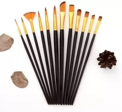 GAUMUK Design connection 12 pcs Professional Nylon Painting Pens Wooden pole(Set of 12, Black, Golden)