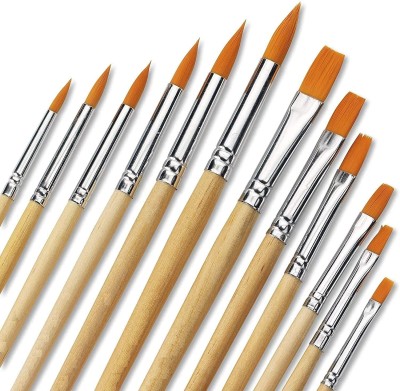 DEZIINE 12 PCS Flat & Round Different Size Artist Fine Nylon Hair Paint Brush Set(Brown)