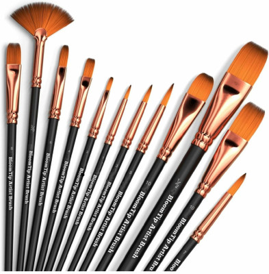 BloomTip Premium Handmade Artist Painting Brushes for Acrylic,Watercolor, Fabric.(Set of 12, Golden, Black)