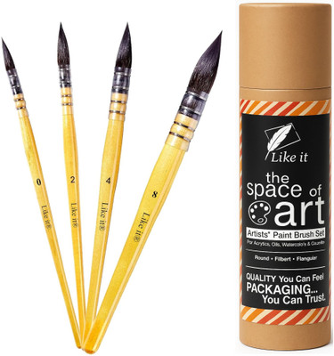 Like it Watercolor Oil Acrylic painting Artists Synthetic Hair MOP Brush Set of 4 ( 0, 2, 4 ,8 )(Set of 4, Brown)