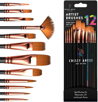 Crissy Artzz Professional Artist Painting Brushes Set of 12 Black handle Gold Ferule(Set of 12, Black)
