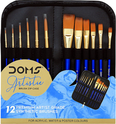 DOMS 12 Artistic Brushes With Zip Case Pouch | For Acrylic, Water & Poster Colors(Set of 12, Black)