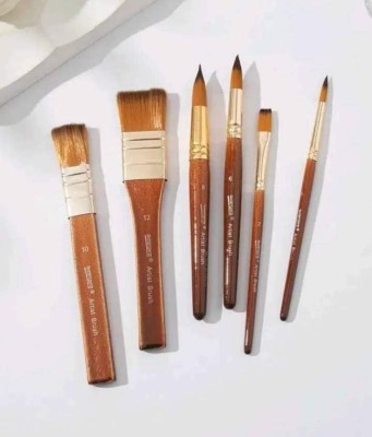 DEZIINE 6Pcs Paint Brush 3Pcs Flat and 3Pcs Round Artist Brush for Painting Oil Acrylic(Brown)