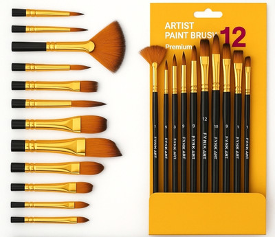 Fynix Art Handmade Painting Brush Set for Acrylic Oil and Watercolor (12pcs)(Black and Golden)