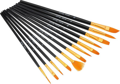 Freedy Craft Painting Brushes Set of 12 Professional Round Pointed Tip Nylon Hair/oo(Set of 12, Black, golden)