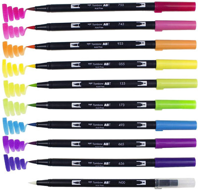 TONBOW Dual Brush Pen Art Markers Bright Blendable Brush and Fine Tip Markers(Set of 10, Bright Colors)