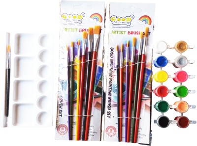 CRAZYGOL Painting Brush Round 6 Flat 6 Water Colour 1 Tray and set 4 in1 Combo(Set of 14, Multicolor)